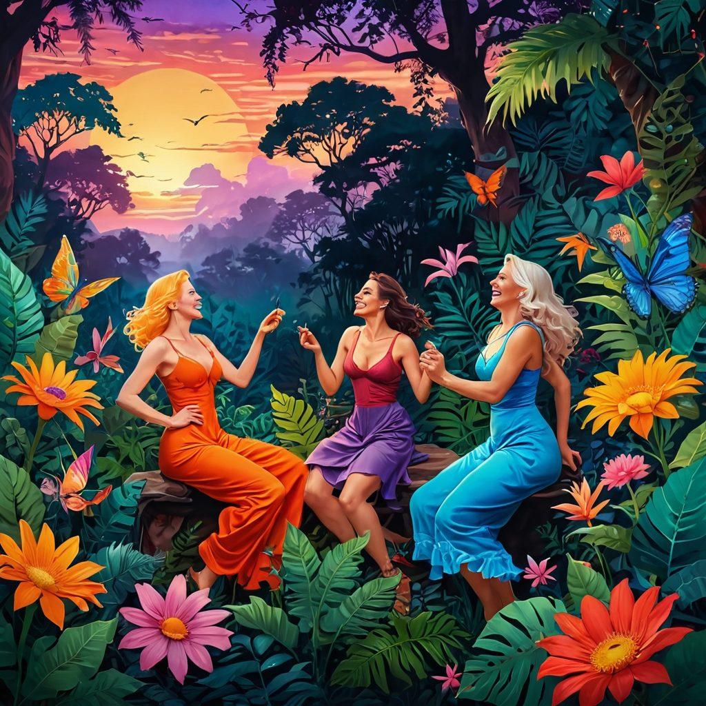 A whimsical scene of mature adventurers laughing together under a vibrant sunset, exploring a hidden, lush jungle filled with colorful, oversized flowers. They are engaging in playful, somewhat taboo activities like dancing, painting their bodies, and sharing secrets around a bonfire. The atmosphere is electric, celebrating freedom and euphoria, with hints of mystical creatures peeking through the foliage. surrealistic style. vibrant colors. dreamy background.