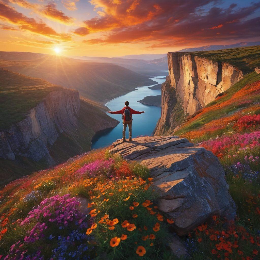 A daring adventurer standing at the edge of a breathtaking cliff, arms wide open, facing an uncharted landscape filled with vibrant wildflowers and abstract shapes. The sky is a canvas of vivid colors blending at sunset, symbolizing freedom and non-conformity. Hidden paths weave through the wilderness, encouraging exploration beyond boundaries. super-realistic. vibrant colors. dramatic lighting.