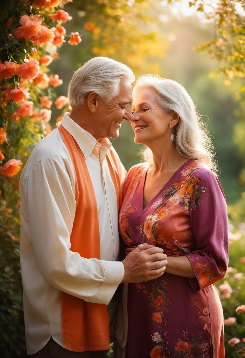 A soft-lit, intimate setting featuring a mature couple sharing a joyful moment, surrounded by elements that symbolize fulfillment, such as blooming flowers, warm colors, and gentle textures. Emphasize natural beauty with their graceful expressions, intertwining hands, and a serene backdrop of nature. The atmosphere should evoke a sense of passion and sensuality, inviting warmth and wisdom. painting. vibrant colors. soft focus.